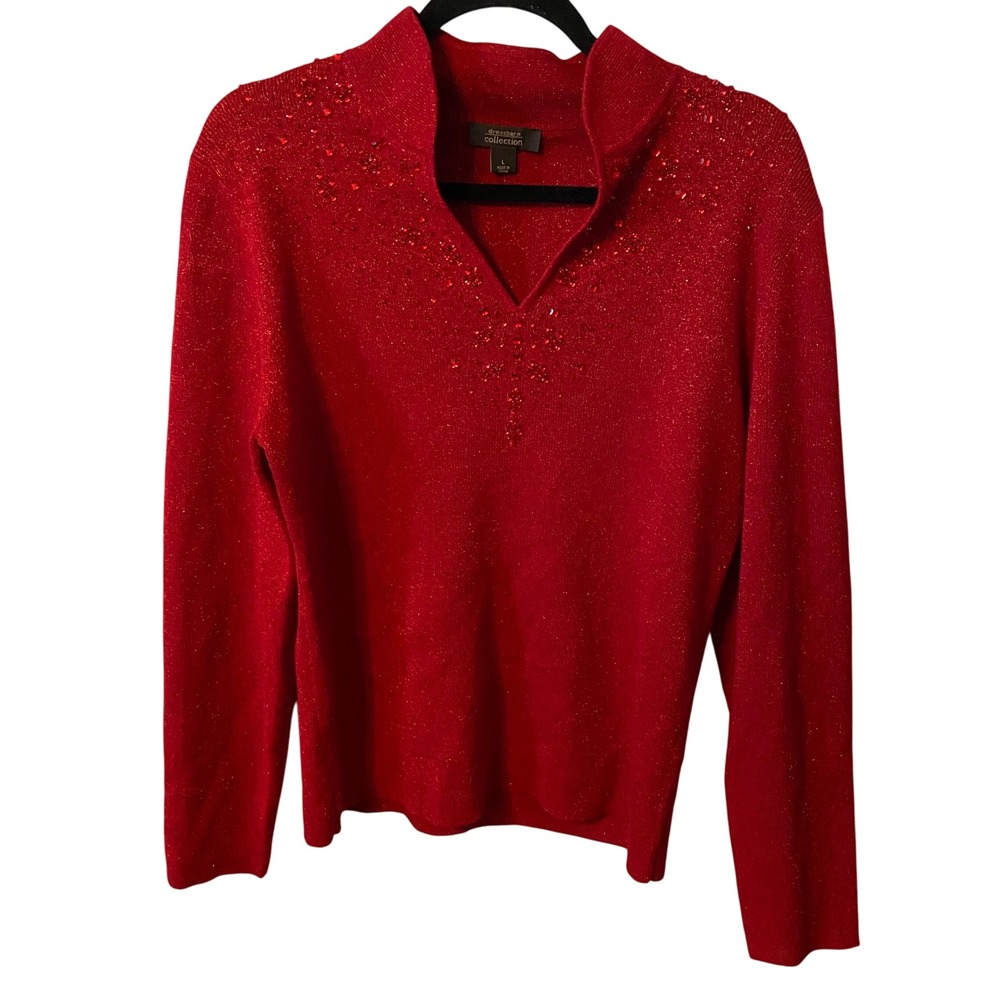Dressbarn Collection Women's Red Sparkle‎ Embellished Long Sleeve Top Sz L